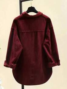 Comfortable Plus Size Corduroy Blouse Featuring Long Sleeves Button Front With Asymmetrical Hem - Burgundy - View 2