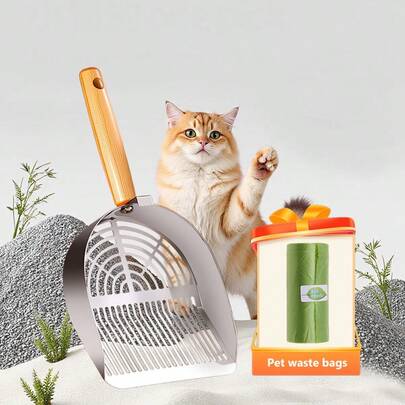 Wooden Handle Silver Stainless Steel Hollow Cat Litter Scoop, Comes With Cleaning Garbage Bags, Built-In Hook For Hanging Storage, Keeps The Floor Clean, An Efficient Litter Scooping Tool For Cat Households, A Daily Cleaning Essential For Cat Owners.