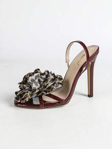 Jin Bei Qi Women's High Heel Shoes, Round Toe, Solid Color, Patent Leather, 3D Floral Decor, Criss-Cross Strap, Ankle Strap, Slip-On, Open Toe, Outdoor Party, Stiletto Heel, Fashion Sandals, Elegant, Glamorous, Party, Banquet, Romantic, Wine Red High Heels,Spring Summer Outfits - Burgundy - View 7