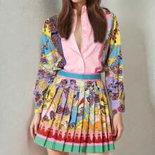 2025 Spring European And American Women's Clothing New Printed Long-Sleeved Shirt Top Pleated Skirt - Hồng - Xem 2