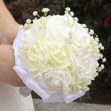 1 باقة وردية عاجية ذات سماء نجمية رومانسية مع شريط ساتان مخرز، باقة عروس ريفية للزفاف والوصيفات وحفل الحديقة، باقة وردية من رغوة البولي إيثيلين الاصطناعية، ملحقات عيد الحب الخالدة PE5117T