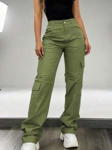 Women's New High-Waisted Multi-Pocket Straight-Leg Cargo Pants, American Retro Cool Slimming Sporty Casual Pants