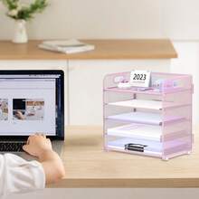 1pc Organizador de papel de 5 bandejas con asa - Organizador de archivos/cartas de escritorio en rejilla, clasificador de papel rosa para oficina, hogar o escuela,Caja de Almacenamiento para Suministros de Oficina - Rosa - Ver 5