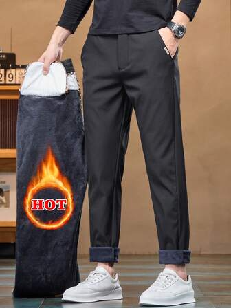 กางเกงขายาวลำลองทรงตรงหลวมมีกระเป๋าสีพื้นสำหรับผู้ชาย, บุซับในกันความร้อน, อบอุ่นสำหรับฤดูใบไม้ร่วง/ฤดูหนาว