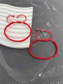 1 Set Handmade Woven Couple Red Bracelet, Christmas & New Year Gift, Adjustable For Boyfriend & Girlfriend - Woven Bracelet - View 5