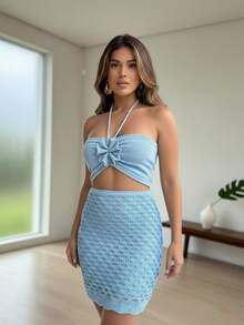 Modal Knit Cropped Top And Short Skirt Set - Elegant Summer Fashion - Baby Blue - View 2
