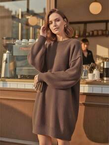 1pc Women Loose Solid Ribbed Knit Pullover Sweater Dress, Casual Everyday Wear, Autumn/Winter - Coffee Brown - View 6