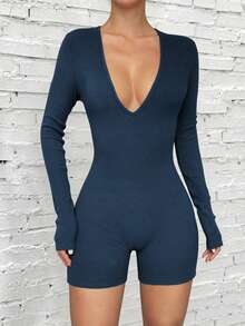 Vaiaye Women's Deep V Solid Color Minimalist Jumpsuit - Fitted Long Sleeve Top And Shorts, Suitable For Fitness, Sexy Multifunctional Outdoor Sports, Graduation Ceremony, Back To School Season, Spring/Summer Long Sleeve Ribbed Knit Jumpsuit - Navy Blue - View 7