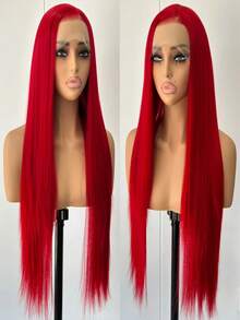 13x4 Lace Front Wig, Red, 180 Density, High Definition Lace Front Wig, Women Long Straight Synthetic Lace Front Wig, Heat Resistant Fiber Hair, 28 Inches, Suitable For Halloween - Red - View 5
