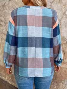 Áo sơ mi nữ casual mới, kẻ caro, cài cúc phía trước, viền tương phản. - màu xanh da trời - Xem 4