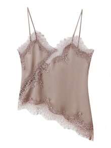 Women Y2k Lace Patchwork Satin Cami Tank Tops Spaghetti Strap V Neck Asymmetrical Hem Camisole Crop Tops Summer Sleeveless Backless Sexy Vest Shirts Cute Elegant Going Out Tops Coquette Aesthetic Clothes Party Club Streetwear - Màu nâu  Mocha - Xem 5