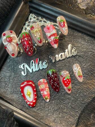 10pcs Almond Shaped 3D Decorative Chrome Y2K Full Cover False Nails Set, Express Your Love; Red & White Vintage Punk Cute Boho Princess Style Decorative Music Festival Nordic Full Cover Nail Stickers Set; 3D Stereoscopic Nail Jewelry Accessories; Colorful Shiny Nail Gems