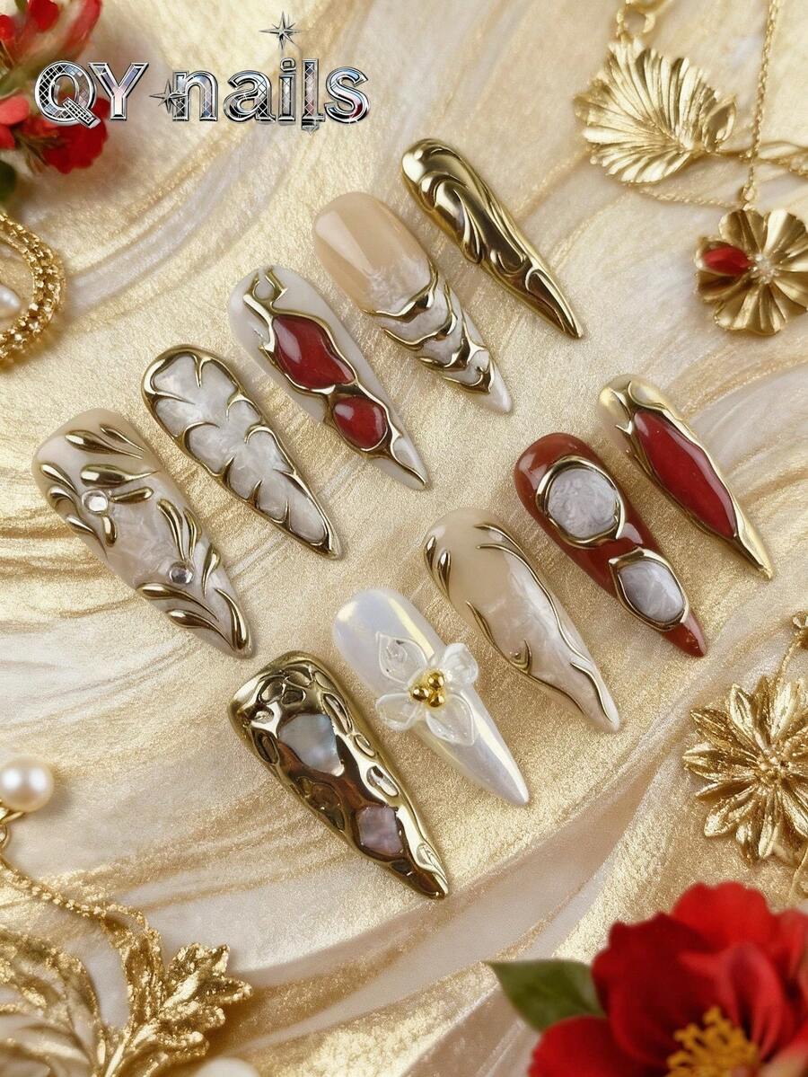 10pcs/Set Almond Shaped Nail Stickers, Long Style, Winter Edition, Cute Design, Great Christmas Gift, Removable, Suitable For Parties, Dancing, Daily Wear, Student Gatherings, Office Roleplay, Reusable With Adhesive, Includes Nail Gel And File Nails - Gold - View 1