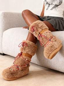 Faux Fur Snow Boots For Women Fuzzy Fluffy Furry Lace Up Mid Calf Boots Winter Warm Fur Boots For Christmas - 駝色 - 查看 10