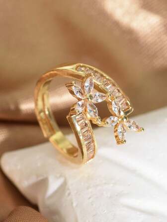 1 pieza Anillo de flor con piedra de circonia chapado en oro de 24K, elegante moda de Oriente Medio adecuado para que las mujeres lo usen a diario, Ramadán, Eid Al-Adha, boda, fiesta, viaje, cumpleaños, regalo de compromiso