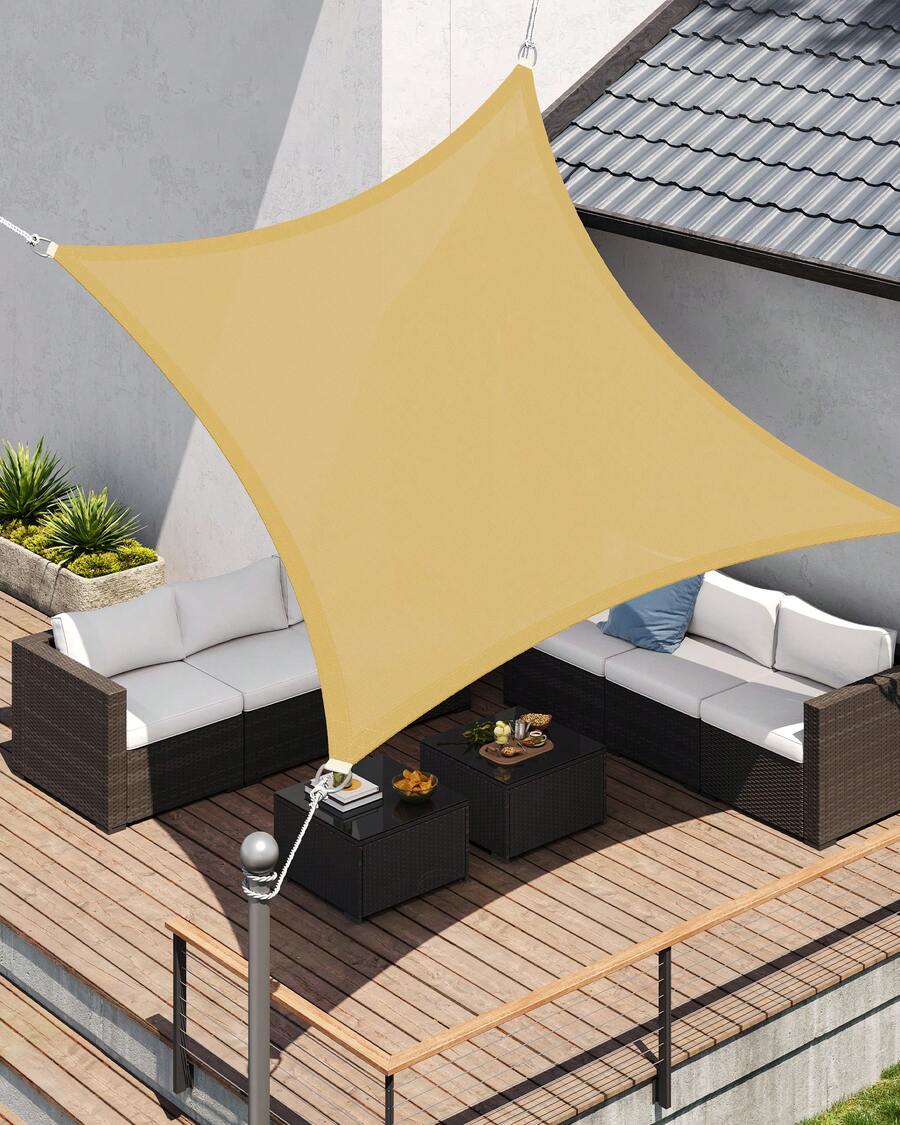Vela de Sombra de 3 x 3 m, Tejido HDPE de Protección Solar, Transpirable, Permeable al Agua, Terraza, Jardín, Balcón, Camping, Cuadrada, Cóncava, Cuerdas de 2 m, Amarillo Arena - Giallo Sabbia - Visualizzare 1