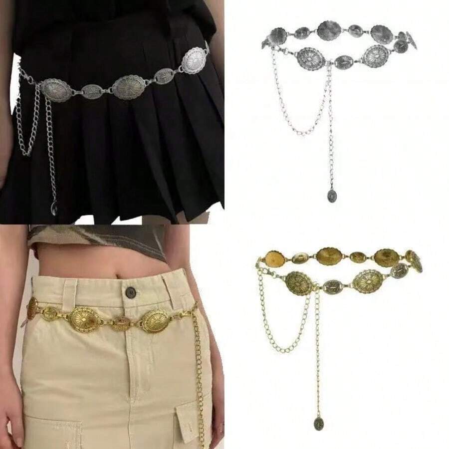 1 pieza Cadena de cintura ajustable con estilo bohemio y occidental, con patrón de flores y geométrico tallado, vintage, casual y de moda, adecuada para uso diario con pantalones y faldas - Mariposa - Ver 1