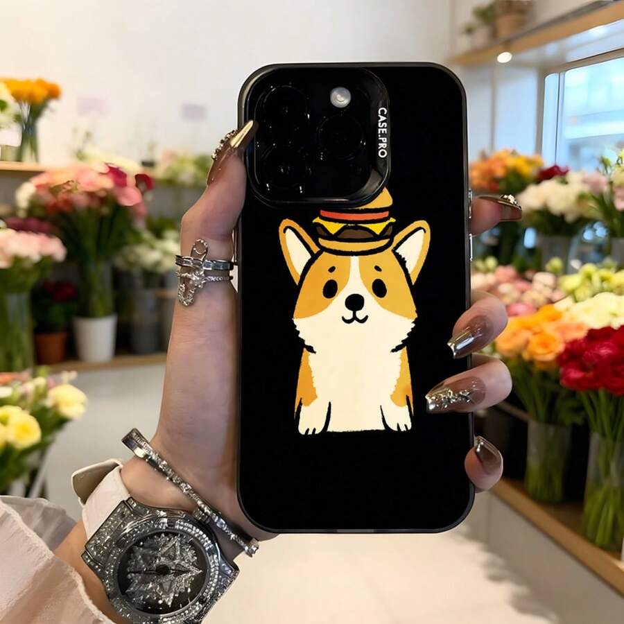 Cubierta de teléfono con diseño de perro corgi con sombrero de hamburguesa color negro para mujer estilo casual y divertido ideal para uso diario y regalos Aplicable a los teléfonos de la serie Apple y Galaxy - Blanco - Ver 1