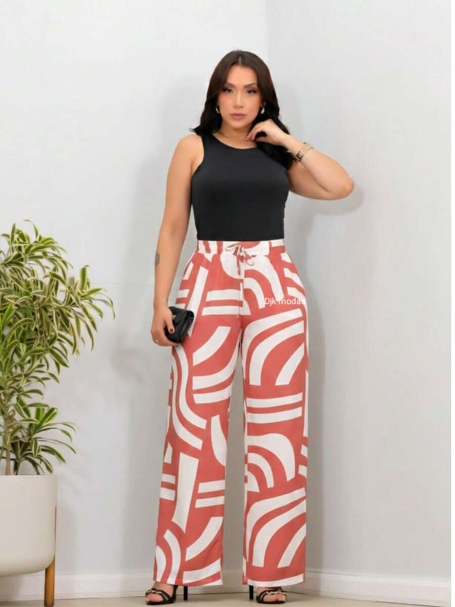 Wide-Leg Pants In DUNA Fabric With Lining, Pockets, And Elasticated Waist. - Salmon - View 1