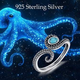 1pc Adjustable 925 Silver Ring With Turquoise Inlaid Octopus Tentacle Design, Unique Ocean Sucker Ring Gift For Women