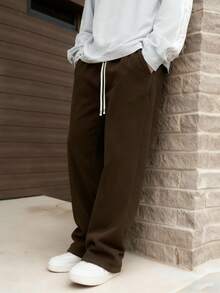 男士抽绳腰宽松阔腿休闲运动裤，秋冬款 - 咖啡棕 - 查看 5