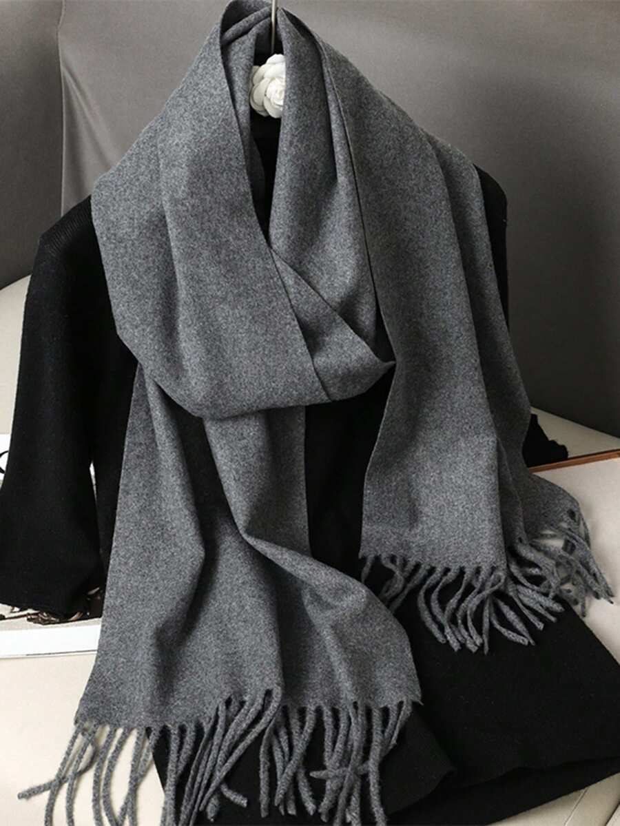 1条35*180厘米高品质优雅纯色流苏羊毛围巾，女士休闲防风披肩，适合日常佩戴，秋冬季搭配连衣裙，旅行必备，沙滩巾