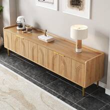TV Unit, Lowboard With Structured Door, TV Cabinet, With Gold Handles And Gold Legs, 170 L X 35 W X 47.5 H (Cm) - Natural + MDF - View 8