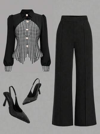 女士新款时尚优雅通勤办公千鸟格撞色两件套，适合日常休闲穿着