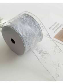 1pc Christmas Decor Sheer Organza Ribbon With Metallic Printed Snowflake Pattern, Powder Edge, Silver Wired Bow,Christmas Valentine Day - Multicolor - View 11