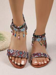 1双女士刺绣串珠波西米亚风T字带平底凉鞋 - 墨綠色 - 查看 2