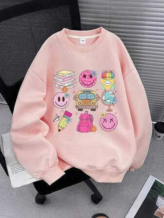 少女休闲通勤优雅日常穿着铅笔书脸印花圆领长袖卫衣，适合学校假期旅行