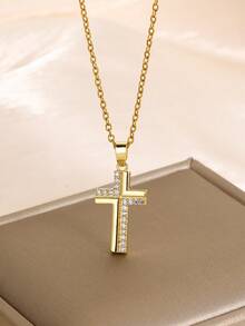 Colar elegante com pingente de cruz cravejado de zircônias brilhantes, em aço inoxidável, ideal para meninas. Versátil e moderno, perfeito para usar no dia a dia, em festas, feriados, Natal, Ascensão e como presente. - Ouro - Ver 2