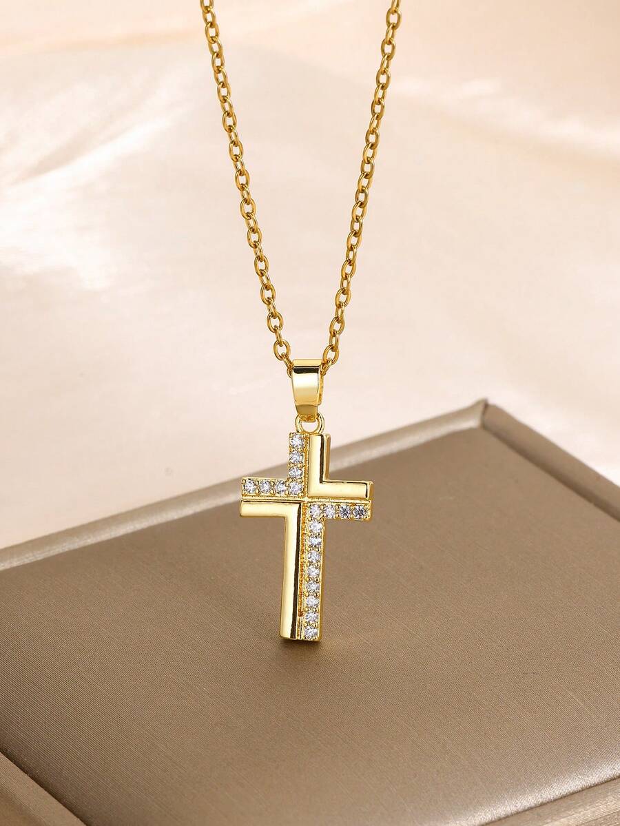 Colar elegante com pingente de cruz cravejado de zircônias brilhantes, em aço inoxidável, ideal para meninas. Versátil e moderno, perfeito para usar no dia a dia, em festas, feriados, Natal, Ascensão e como presente.