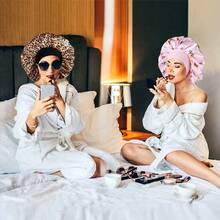 Gorros De Satén para Dormir Gorro de Seda Ajustable Doble Capa Gorro para Dormir Suave de Satén Gorros de Dormir De Seda con Banda Ancha para Mujeres y Niñas Rosa - Rosa - Ver 5