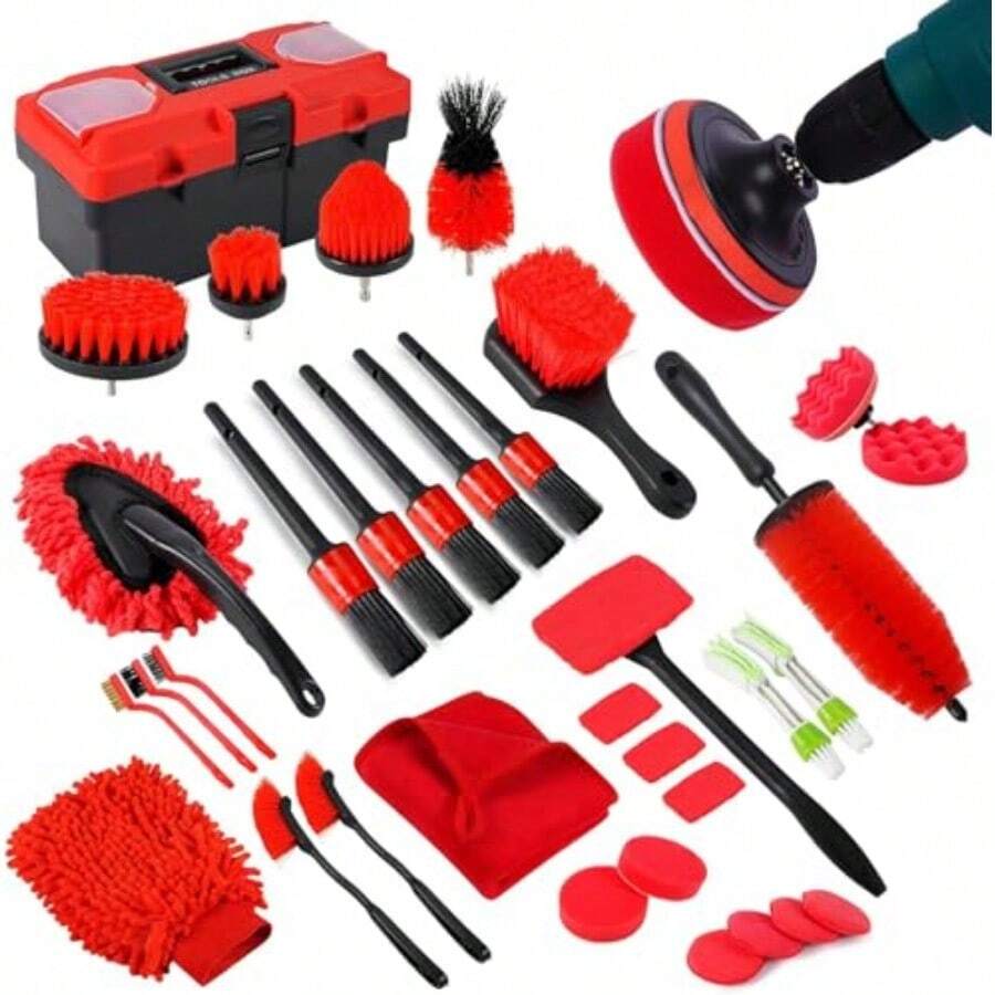 35Pcs Car Detailing Kit Drill Brush Attachments With Detailing Brush Set And Tools Box Red Auto Cleaning Kit Interior For Wheels Dashboard Windows - Red - View 1