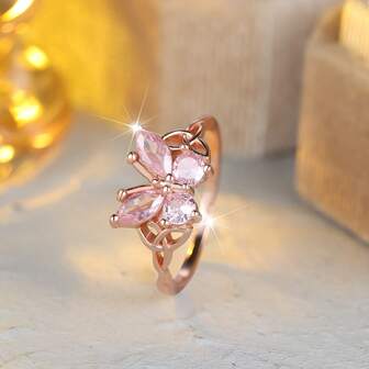 1 件 S925 纯银蝴蝶戒指，玫瑰金镀层，粉色立方氧化锆翅膀，花卉花园灵感珠宝，女士珠宝，完美的 情人节礼物。