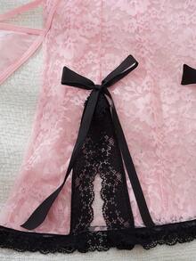 2件套情人节女士性感深V蕾丝透视吊带睡衣套装 - 粉色 - 查看 5