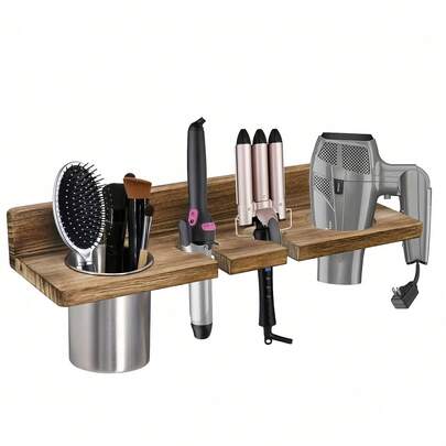 Wall-Mounted Hair Tool Organizer, Rustic Wooden Bathroom Storage Rack For Hair Dryer, Curling Iron & Straightener, Multi-Functional Shelf For Vanity, Apartment, Salon & Home Decor, Space-Saving Design, Durable Metal & Wood Construction