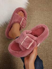 Women's Soft Fuzzy Platform Slippers – Warm & Cute Slide Sandals With Buckle Accent For Daily Home, Lounging & Casual Wear - Màu Hoa hồng đỏ - Xem 2