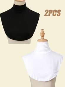 1pc/2pcs Women Elegant Solid Color Pleated Detachable Collar, Comfortable Skin-Friendly Turtleneck Dickey Shirt Collar, Minimalist Undershirt, Suitable For Daily Wear - 2-piece Elastic Collar - View 32