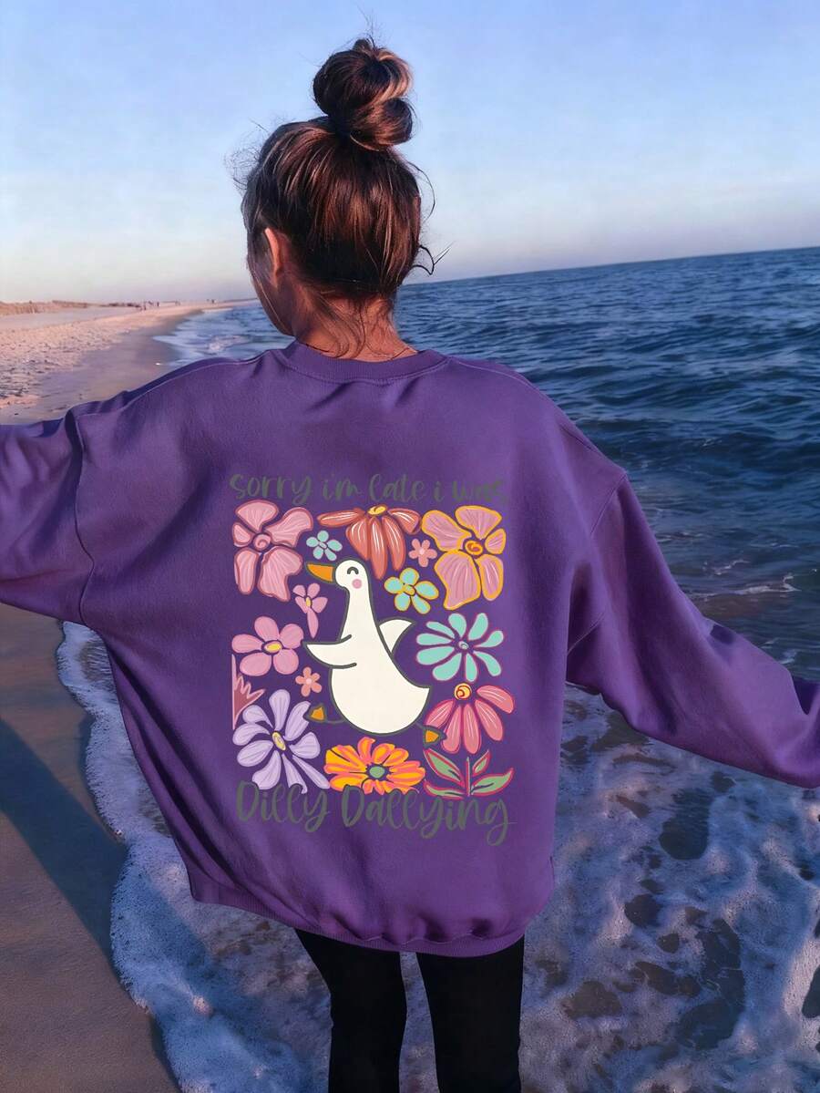 女童休闲卡通鸭子图案可爱印花女童服装圆领长袖紫色毛衣套头衫秋冬 - 紫色 - 查看 1