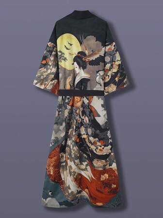 Traditional Japanese Beauty Graphic Print Mid-Length 3/4 Sleeve Kimono Cover Up Thin Jacket, Women Elegant Street Casual Loose Outerwear, Suitable For Beach, Travel, Vacation, Loungewear, Robe, Party