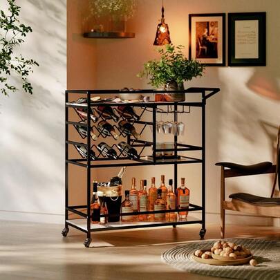 Black Bar Cart For The Home Kitchen Serving Bar Cart With Wine Rack And Glass Holder Mobile Beverage Wine Bar Table On Wheels Modern Rolling Drink Trolley For Home Kitchen Party Outdoor