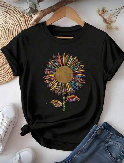 Camiseta Plus Size Girassol Colorido, Moda Feminina Gola Redonda e Manga Curta - Tamanho Grande P Ao G5  Nenhum    Praia  Diário