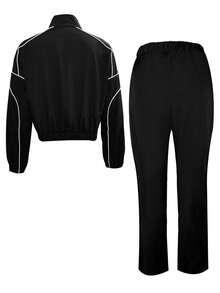 Black & White Contrast Stripe Two Pieces Tracksuit Set 1pc Cropped Zip Jacket Wide-Leg Pants Casual Stylish Elastic Waist For Daily Outings Streetwear All Seasons - Black - View 3