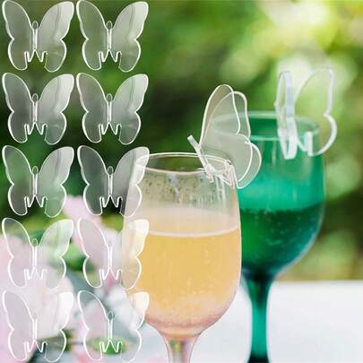 5/10pcs Transparent Butterfly Acrylic Wine Glass Labels, Cocktail Champagne Glass Cards For Wedding, Birthday Party Decoration, Wedding And Birthday Supplies, Home And Party Decorations