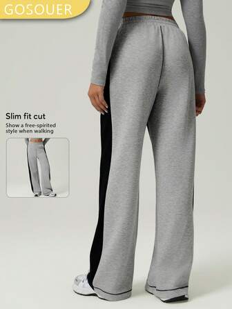 GOSOUER Kadın Açık Hava Yürüyüş Spor Pantolonu Düz Kesim Bol Günlük Fitness Jogger Pantolon Yan Şeritli Cepli ve Elastik Bantlı