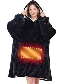 Wearable Heated Blanket Hoodie, USB Heated Oversized Hooded Blanket Adult 3 Heat Settings, Overheat Cozy Warm Heated Hoodie Blanket Sweatshirt Women With Sleeves & Pocket - Black - View 8