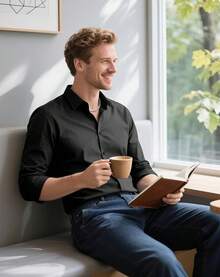 Men's Wrinkle Dress Shirts Formal Long Sleeve Button Down Wedding Business, Style - Black - View 4