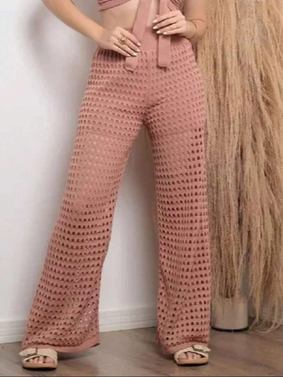 Women's Beach Wide Leg Pants With Shorts High Waist Knit Summer Autumn Spring Fashion Pool Parties - Desnudo - Ver 1